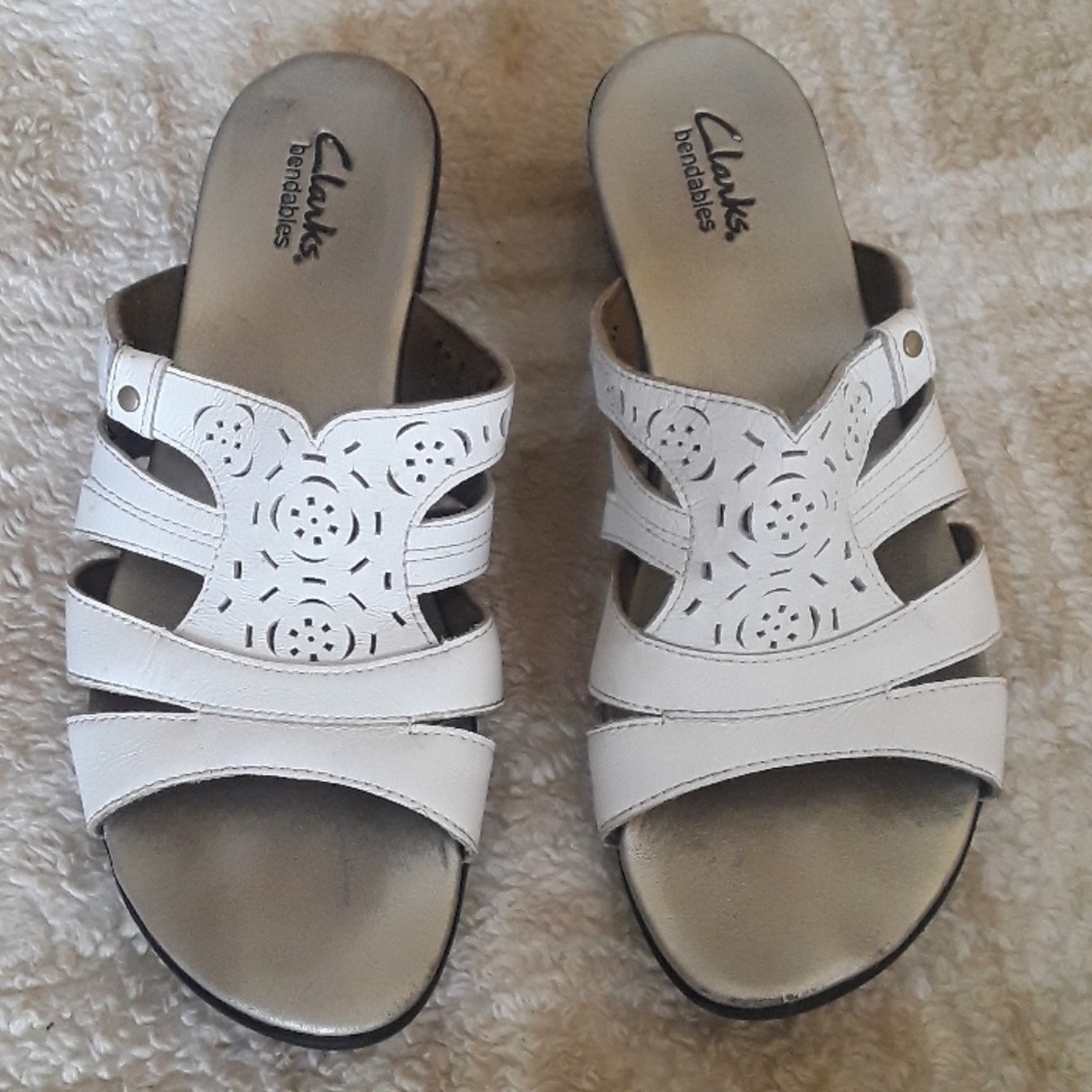 CLARKS Bendable white leather Slides